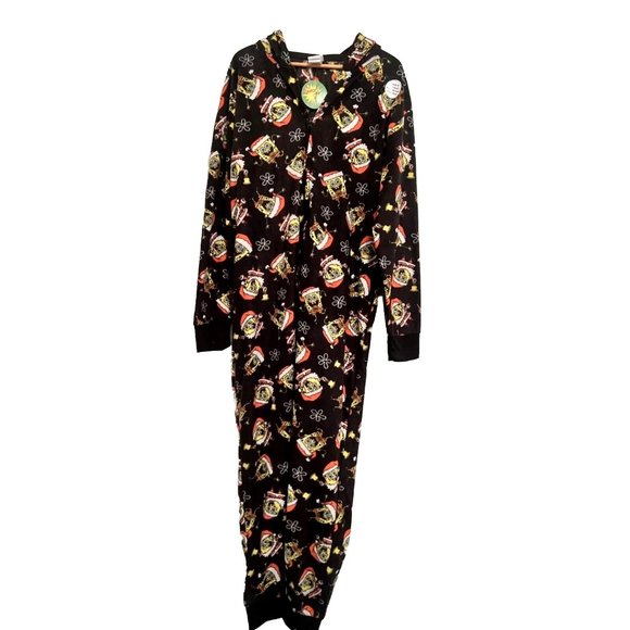 Christmas SpongeBob Squarepants PJs Comfy One Piece Black Loungewear w Hood NEW - Picture 1 of 14